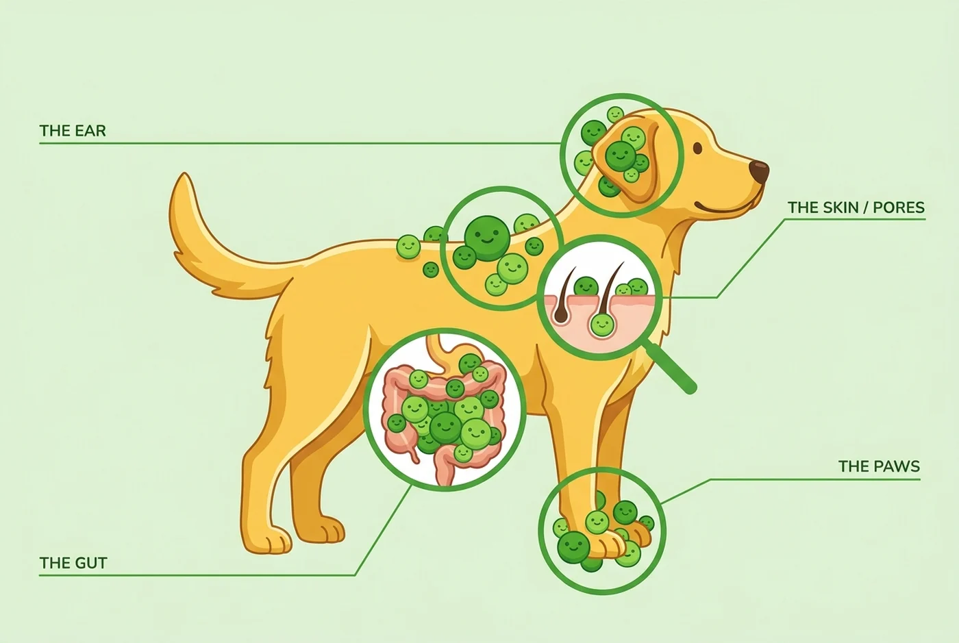Where the microbiome lives on your dog: in the ear, across the skin and pores, in the gut and around the paws